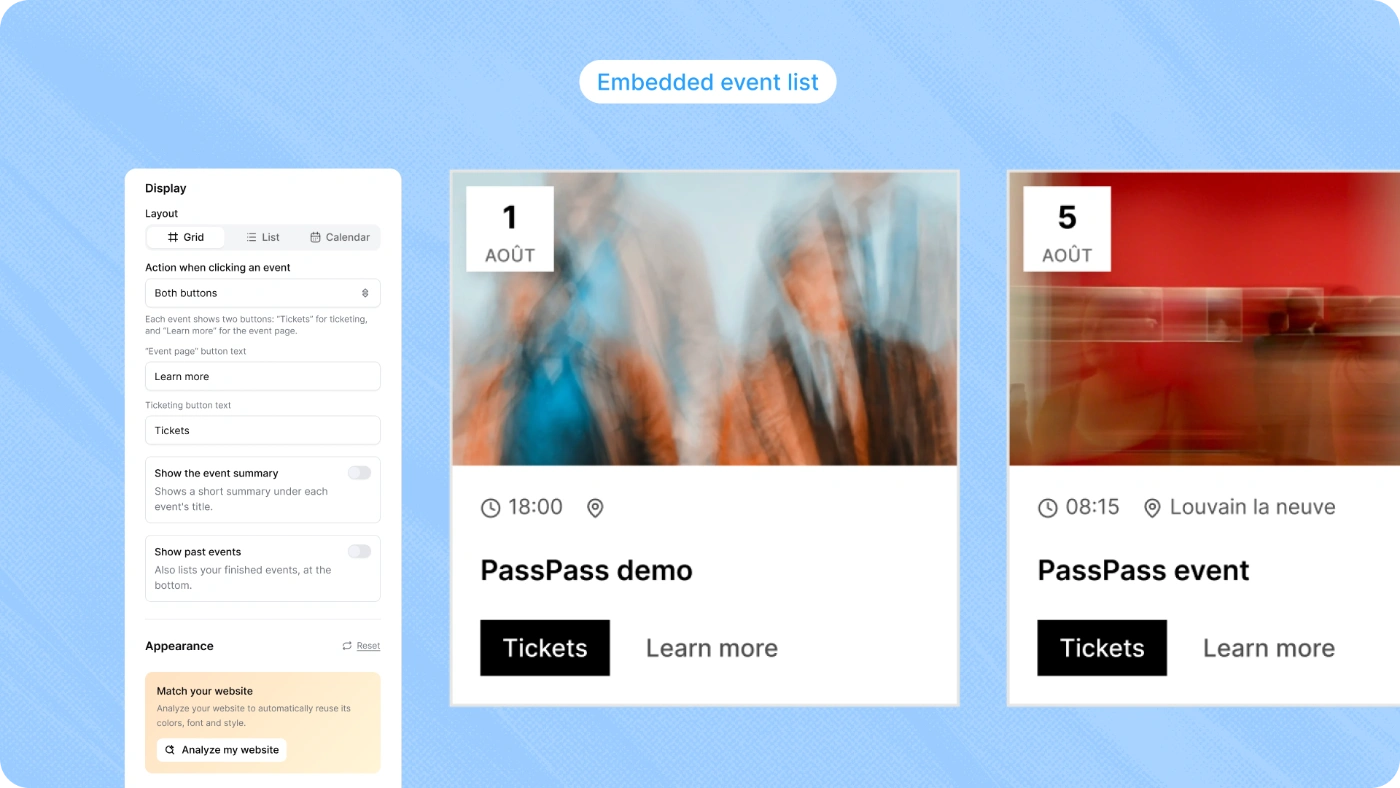 Afficher vos événements sur votre site web